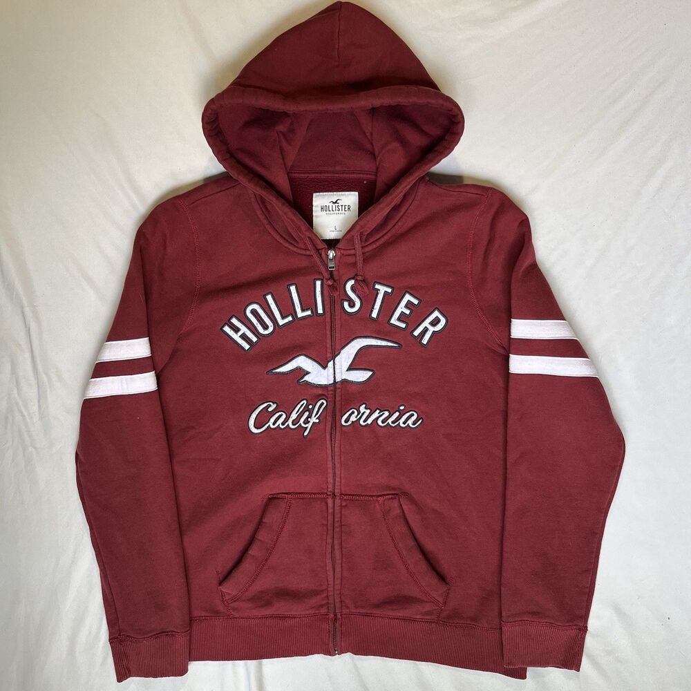 Vintage Hollister California Full Zip Hoodie Womens L Large Burgundy Red Varsity